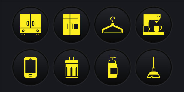 集手机，咖啡机，垃圾桶，抗菌肥皂，衣架衣柜，冰箱，处理扫帚和衣柜图标。向量图片下载