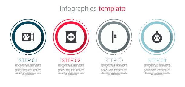 集兽医诊所，罐头食品，宠物小瓶医疗和项圈与名牌。业务信息图表模板。向量图片下载