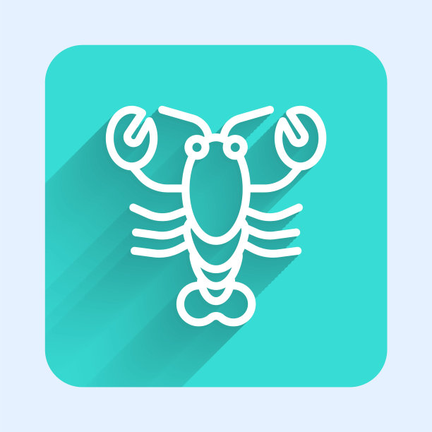 白线龙虾图标孤立的长阴影。绿色方形按钮。向量图片下载