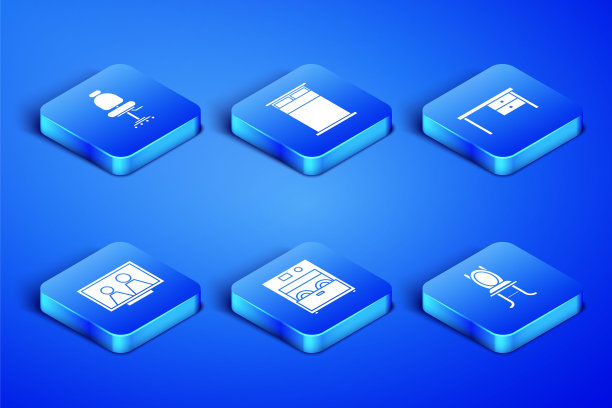 套装椅子，办公椅，厨房洗碗机，桌子上的相框，大床和书桌图标。向量图片下载