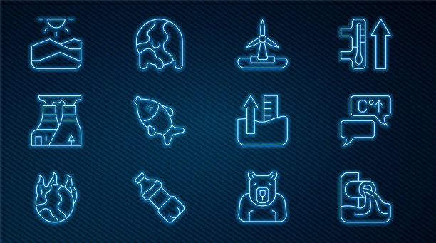 污水，全球变暖，风力涡轮机，死鱼，核电站，干旱，上升水平和图标。向量图片下载