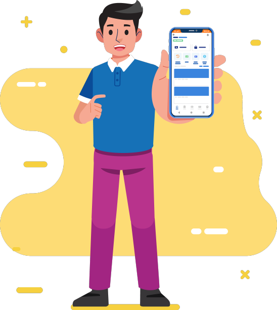 年轻的工人站着展示手机屏幕和展示图片下载