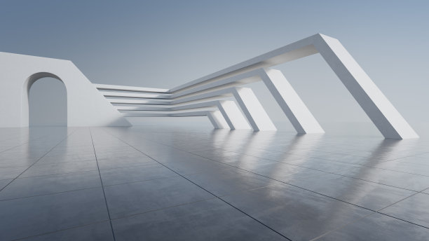 现代建筑抽象建筑设计。空停车场地板和混凝土墙与蓝天景观。图片下载