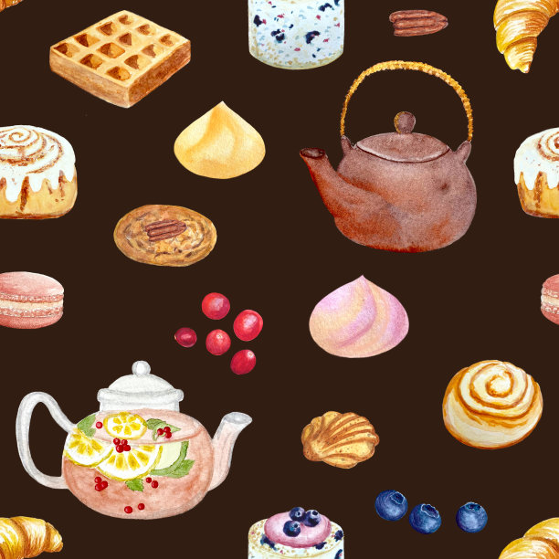 水彩茶壶和甜点图案在黑暗的背景图片下载