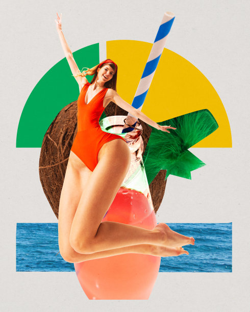 年轻情绪化的女孩穿着红色的泳装，兴高采烈地跳过鸡尾酒和海洋。抽象的背景。当代艺术拼贴。图片下载