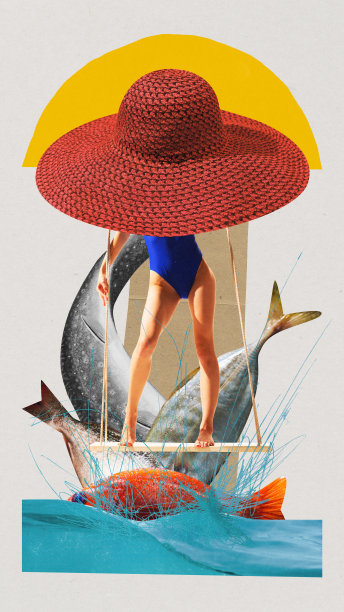 穿着泳衣的女人在飞鱼的海上荡秋千。抽象背景。当代艺术拼贴图片下载