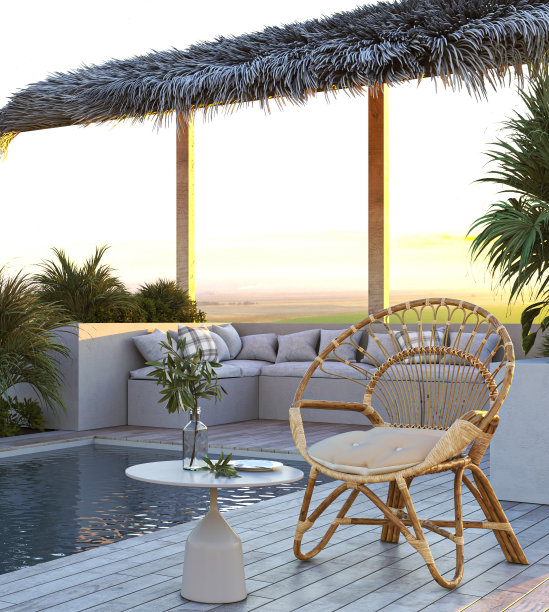 豪华酒店设计。现代别墅外景优美，棕色木地板，绿色棕榈树。日落山景。3 d渲染。高质量3d插图图片下载