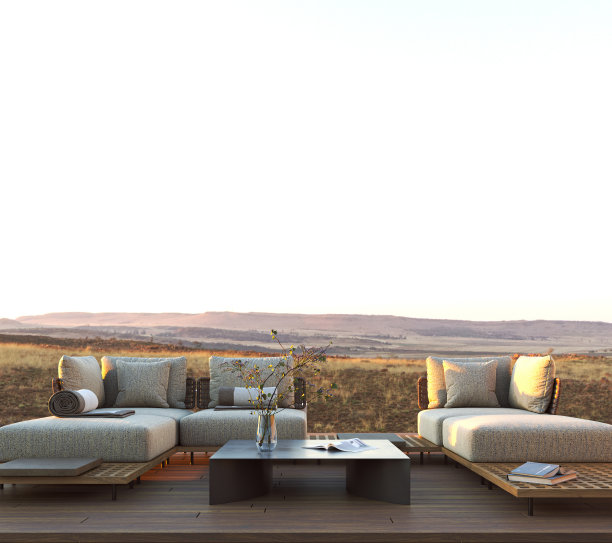 豪华酒店设计。现代别墅外景优美，棕色木地板，绿色植物。日落山景。3 d渲染。高质量3d插图图片下载