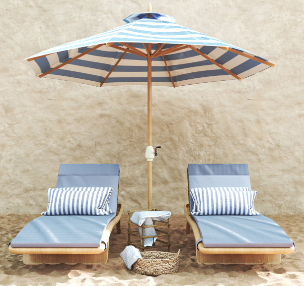 豪华度假酒店设计在沙滩上的沙滩。现代别墅外面有漂亮的石墙和蓝色的伞。3 d渲染。高质量3d插图图片下载