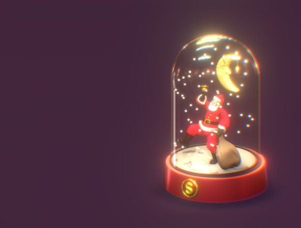 雪花玻璃球以圣诞为主题，圣诞老人在雪地里拿着装满礼物的袋子为背景，月光闪闪的3D渲染插画图片下载