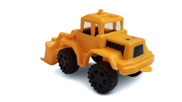 白色背景上的玩具黄色拖拉机和铲子。图片下载