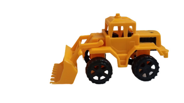 白色背景上的玩具黄色拖拉机和铲子。图片下载