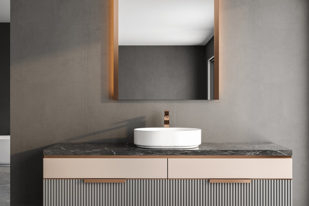 白色水槽大理石台面近景，灰色背景。图片下载