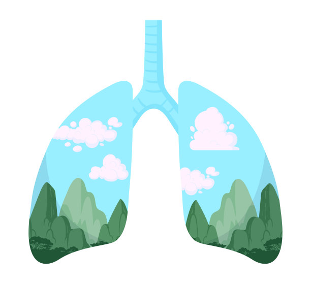 绿色星球肺的比喻。卡通清洁肺脏，人体健康肺脏配大自然云和树木。环境护理概念平面矢量插图图片下载
