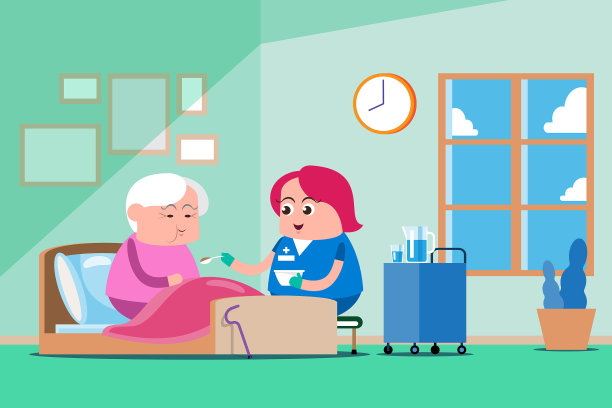 情感可爱矢量，插图平面卡通人物生活方式老年妇女在家里的床上，放松，睡觉，生病和护士照顾。图片下载