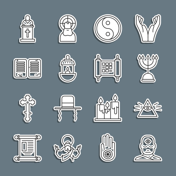 设线人与第三眼，泥瓦匠，光明节烛台，阴阳，斋月卡林灯，诫命，教会牧师讲道和法令，纸，羊皮纸，卷轴图标。向量图片下载