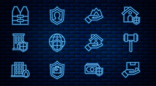 配送保险、法官 gavel、手持火焰、带世界地球的盾牌、房屋盾牌、救生衣和图标矢量素材图片下载