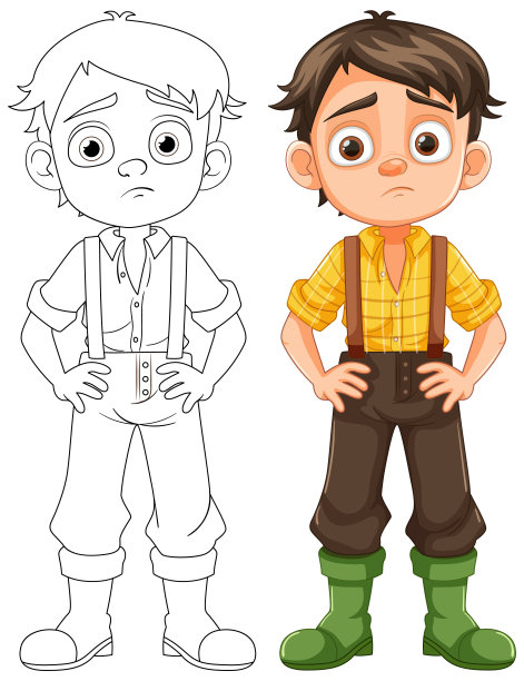 无聊悲伤的男孩穿着农民工作服卡通人物图片下载