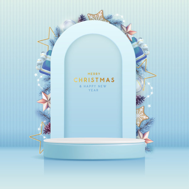 节日圣诞节展示蓝色背景与3d讲台和圣诞装饰。抽象的最小场景。矢量图图片下载