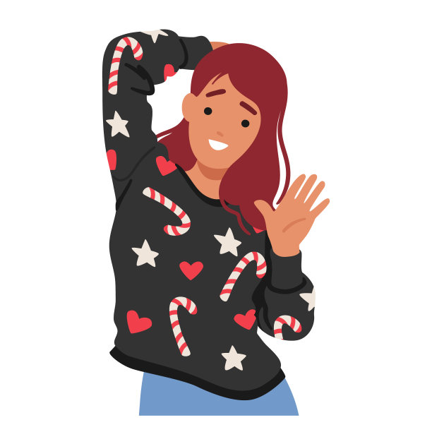 女人穿着一件装饰着彩色糖果手杖图案、心形和星星符号的圣诞毛衣图片下载