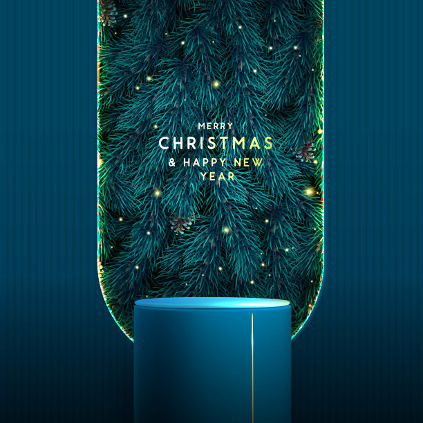 节日圣诞节展示蓝色闪闪发光的背景与3d讲台和圣诞树纹理。抽象的最小场景。矢量图图片下载