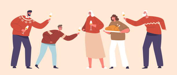 家庭人物与美味的圣诞大餐和香槟酒杯，分享笑声和爱，矢量插图图片下载