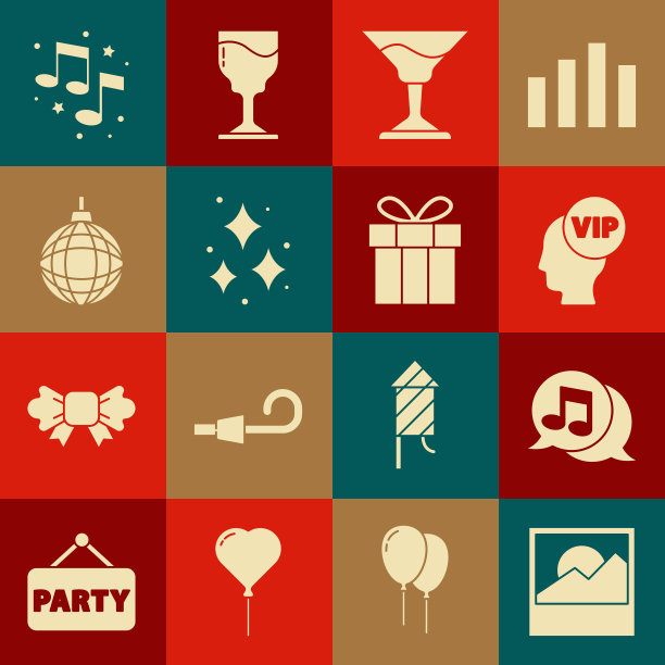 集照片，音符在演讲泡沫，Vip里面的头，鸡尾酒，烟花，迪斯科球，笔记，音调和礼盒图标。向量图片下载