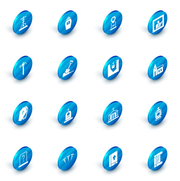 设置葬礼瓮，位置坟墓，哀悼相框，锤子，棺材与十字架，铲地，教堂建筑和图标。向量图片下载