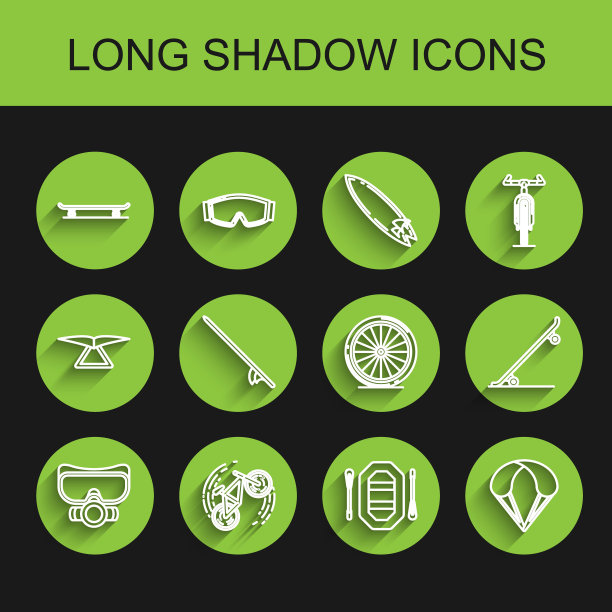 集线潜水面具，自行车技巧，滑板，漂流船，降落伞，冲浪板，和车轮图标。向量图片下载