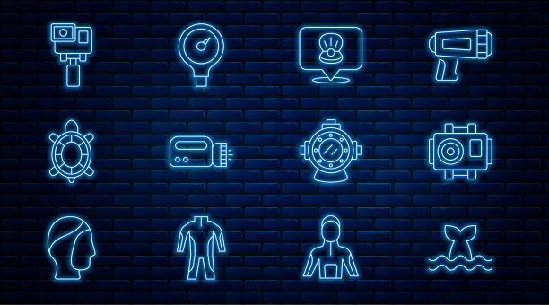 设置线鲸尾，照片相机潜水员，扇贝海壳，手电筒，海龟，行动极端，水和测量刻度图标。向量图片下载