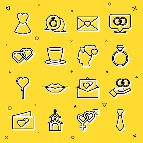 采购产品领带，结婚戒指，钻石订婚，信封与情人节的心，圆柱帽，两个相连的心，女人的衣服和头的图标。向量图片下载