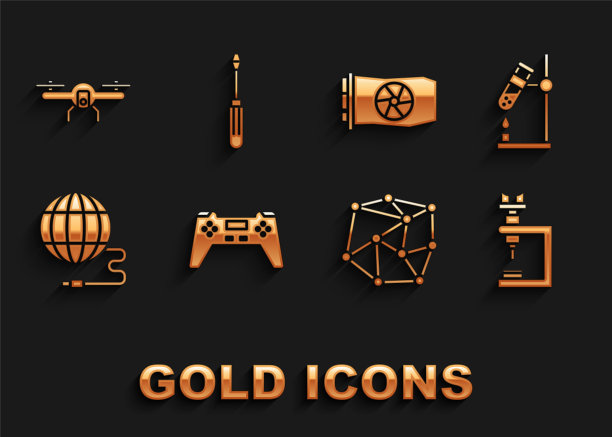 设置手柄，试管烧瓶在火上，显微镜，神经网络，社会，视频图形卡，无人机飞行和螺丝刀图标。向量图片下载