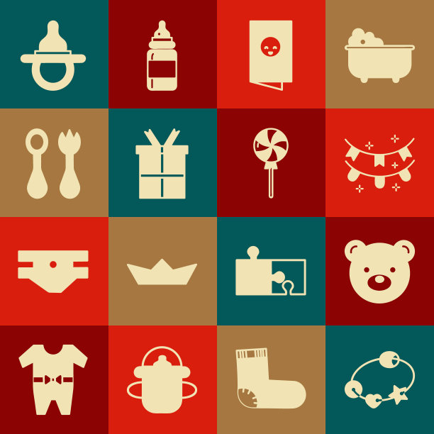 集拨浪鼓婴儿玩具，泰迪熊毛绒，嘉年华花环与旗帜，婴儿淋浴邀请卡，海报，礼盒，餐具叉勺，假奶嘴和棒棒糖图标。向量图片下载