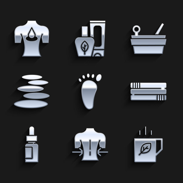 设置足部按摩、按摩、茶和叶子杯、毛巾堆、精油瓶、热石堆、桑拿桶勺和芳香油图标。向量图片下载