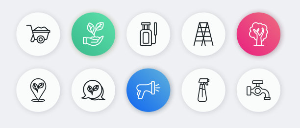 集线花园软管，树，位置与叶子，水喷雾器，木制楼梯，水龙头和叶子图标。向量图片下载