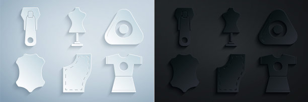 集缝纫图案，粉笔，皮革，妇女服装，人体模型和拉链图标。向量图片下载