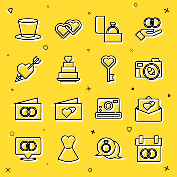集线日历，贺卡，照相机，钻石订婚戒指，婚礼蛋糕与心脏，爱情和箭头，圆柱帽和关键形状图标。向量图片下载