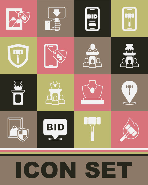 集拍卖锤，古花瓶，网上拍卖，绘画和拍卖师出售图标。向量图片下载