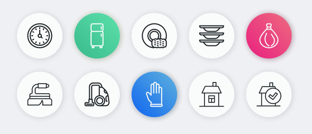 集线橡胶手套，垃圾袋，清洁刷，房子，洗碗，家庭服务和吸尘器图标。向量图片下载