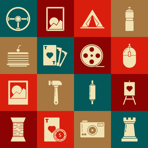 集国际象棋符号，木画架或绘画艺术板，电脑鼠标，旅游帐篷，纸牌与心，蛋糕，方向盘和电影卷轴图标。向量图片下载