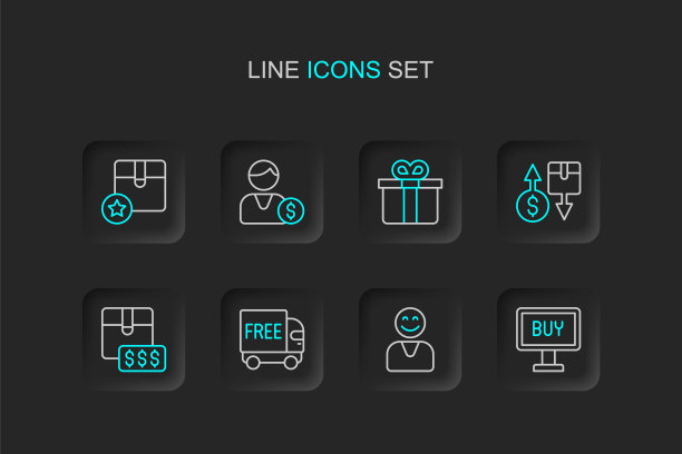 设置线购买按钮，快乐的客户，免费送货服务，项目价格标签与美元，税务纸箱，礼品，买家和纸箱图标。向量图片下载