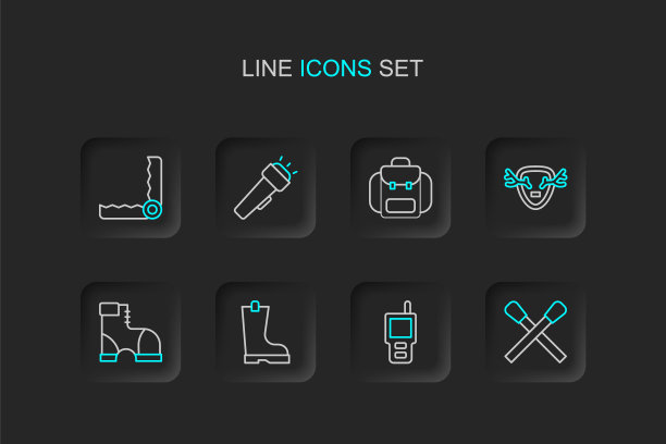 设置线燃烧火柴与火，对讲机，防水橡胶靴，猎人靴子，鹿角上的盾牌，徒步旅行背包，手电筒和陷阱狩猎图标。向量图片下载