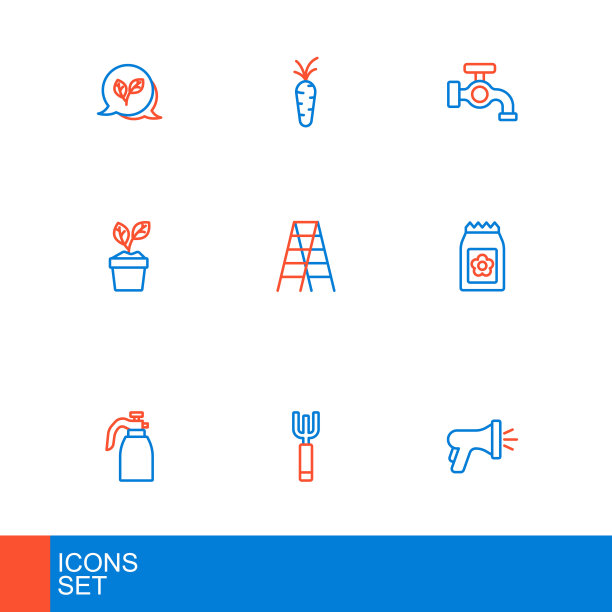 集线花园软管，干草叉，喷雾器水，包满种子，植物在锅，木制楼梯，水龙头和胡萝卜图标。向量图片下载