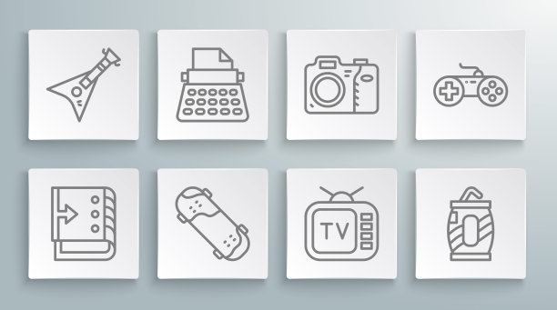 设置线混音控制器，复古打字机，滑板技巧，电视，汽水罐吸管，照相机，手柄和电子贝斯吉他图标。向量图片下载
