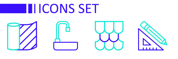 设置线三角尺和铅笔，屋顶瓦，脸盆和壁纸图标。向量图片下载