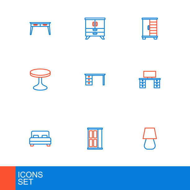 设线台灯，衣柜，大床，办公桌，圆桌，五斗柜图标。向量图片下载