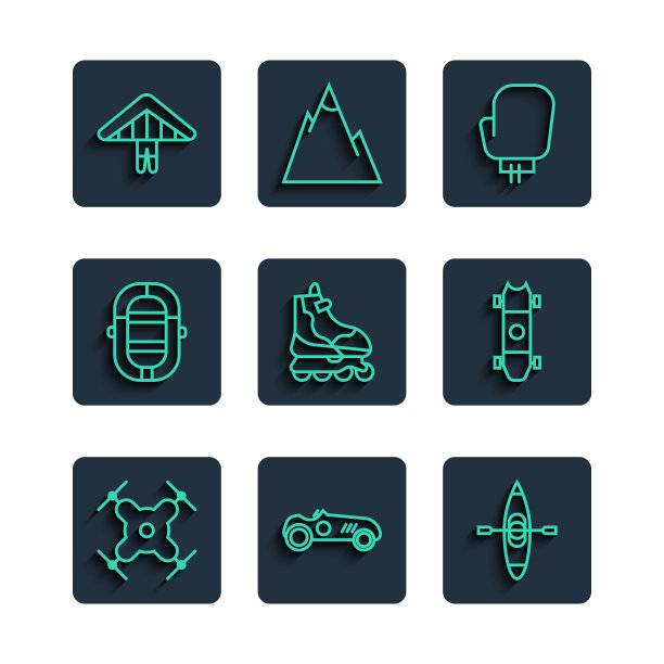 集线无人机飞行，复古运动赛车，皮艇独木舟，拳击手套，轮滑，漂流船，悬挂滑翔机和长板滑板图标。向量图片下载