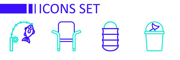 集线渔夫帽，渔网，露营折叠椅和杆和鱼的图标。向量图片下载