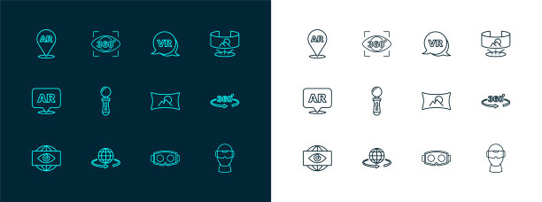 集360度视图，3d建模，广角图片，虚拟现实眼镜，VR控制器游戏，增强AR和图标。向量图片下载