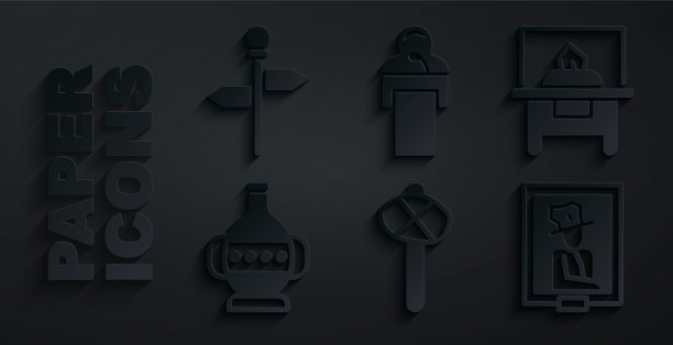 设置石器时代的锤子，玻璃陈列柜，古代双耳罐，博物馆肖像，演讲和道路交通路标图标。向量图片下载